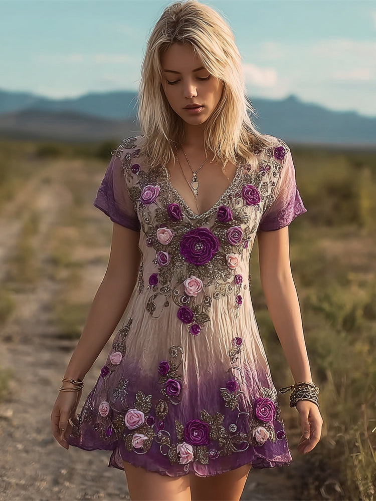 Boho Floral Embroidery Gradient Women's Linen Short Sleeve Mini Dress elevenforest