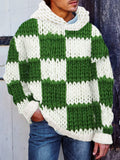 Men's Green Check Colorblock Crochet Cozy Hooded Sweater elevenforest
