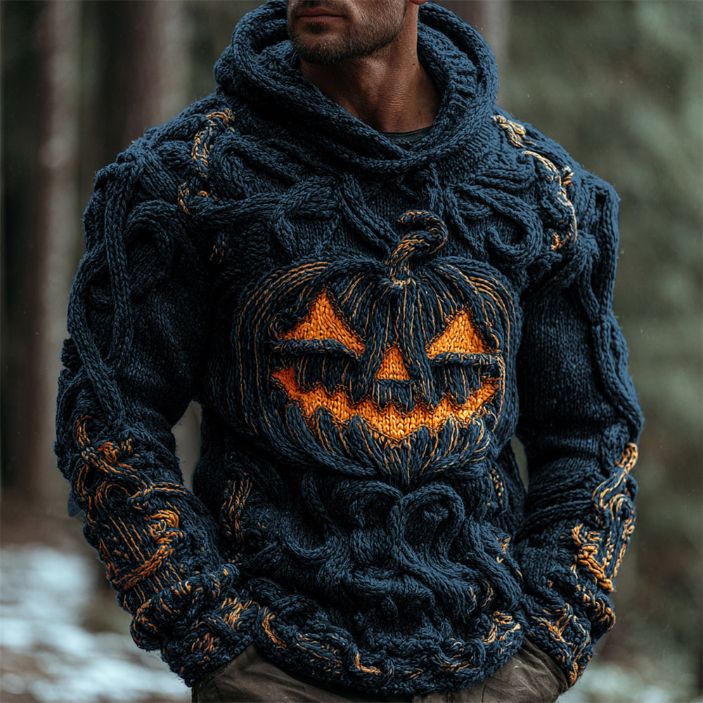 Halloween Pumpkin Emoji Men's Chunky Knit Hooded Sweater elevenforest