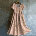 Women's Vintage Rose Print V-neck Short Sleeve Linen Blend Midi Dress elevenforest