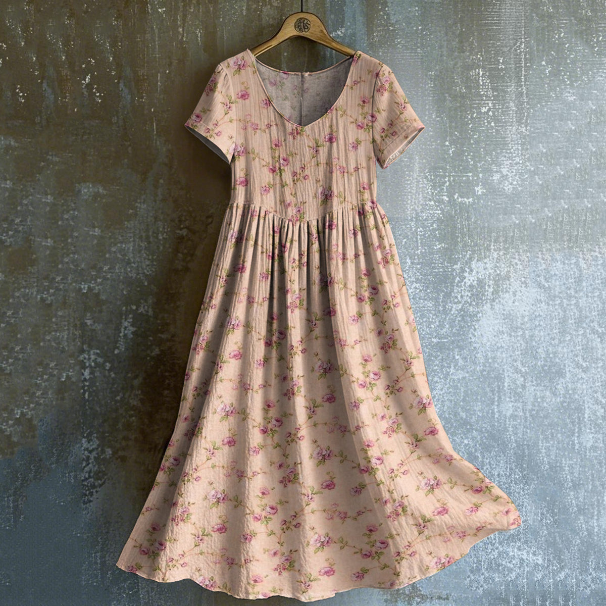 Women's Vintage Rose Print V-neck Short Sleeve Linen Blend Midi Dress elevenforest