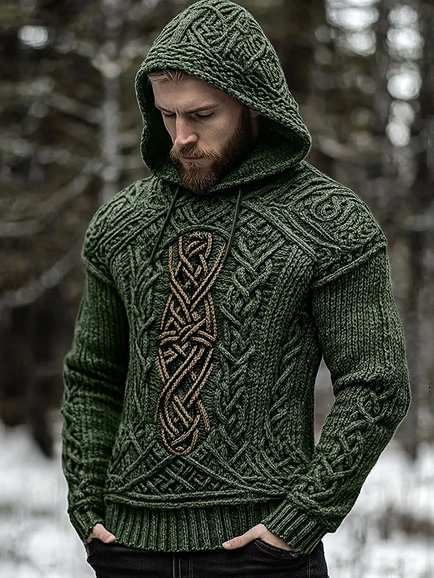 Men's Viking Jacquard Celtic Inspired Cozy Knit Hooded Sweater elevenforest