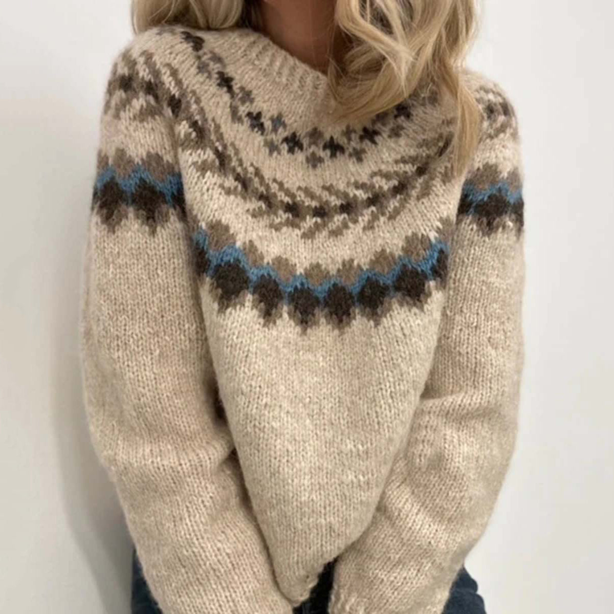Vintage Contrast Color Block Braided Crew Neck Sweater elevenforest
