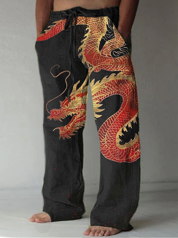 Men's Japanese Art Dragon Print Linen Blend Casual Pants elevenforest