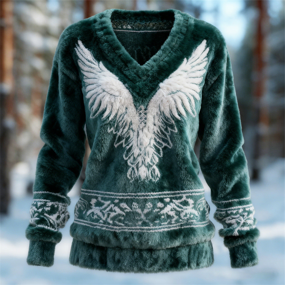 Comstylish Viking Angel Wings Design Women's Flannel V-neck Sweater