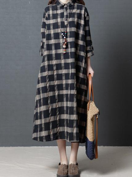 Loose Plaid Ramie Cotton Blouse Midi Dresses