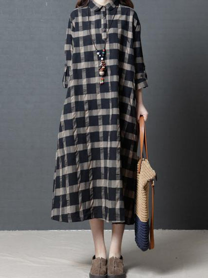 Loose Plaid Ramie Cotton Blouse Midi Dresses