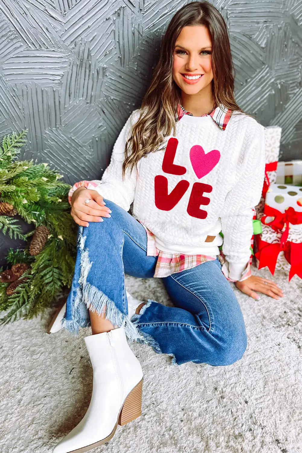 Chenille Embroidered Cable Knit Sweatshirt