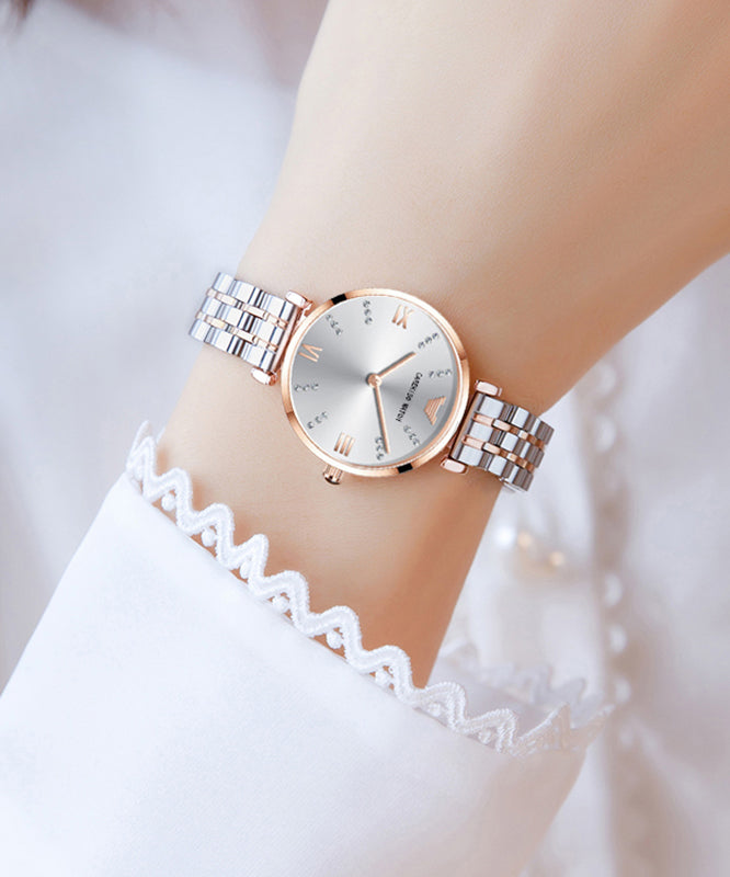 Gold White Stainless Steel Zircon Tempered Glass Watch