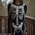 Comstylish White Roses Skeleton Pearls & Lace Art Sweater Dress