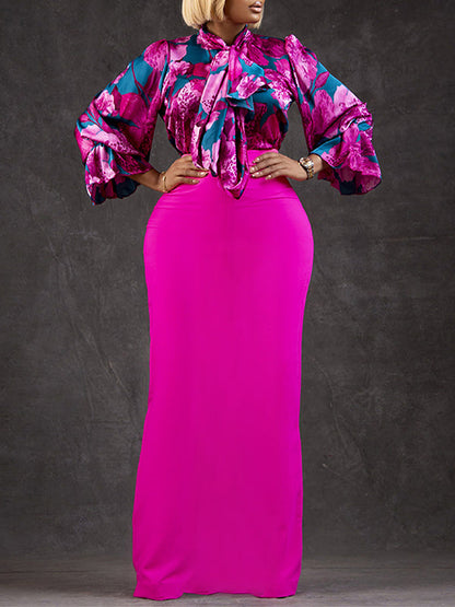 Long Sleeves Printed Blouse + Split-back Color Skirt Two Pieces Set