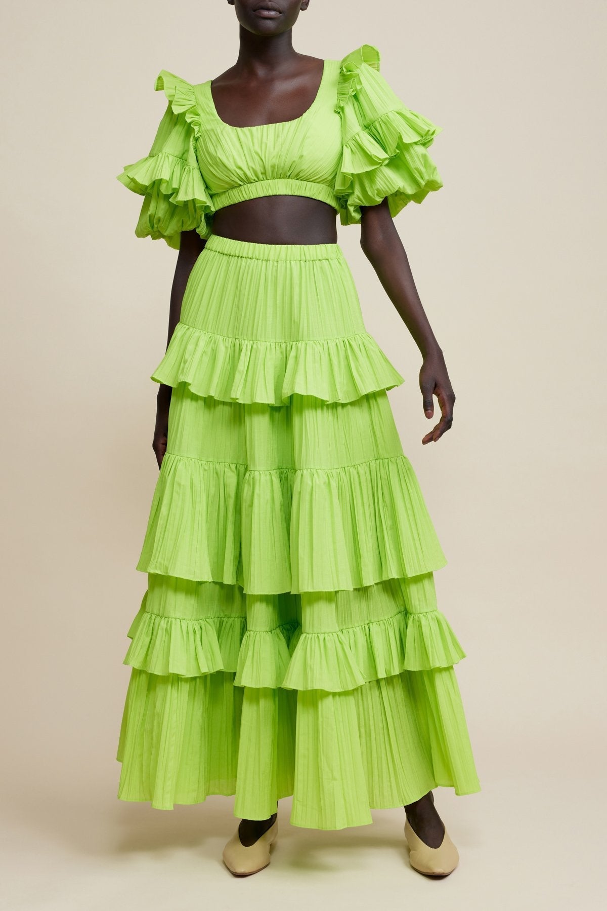 Ruffle Puff Sleeve Top ?mid Waist Maxi Skirt Set