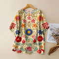 Vintage Bohemian Ethnic Colorful Floral Linen Art Print Short Sleeve Round Neck Shirt elevenforest