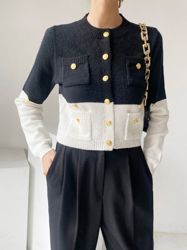 Long Sleeves Buttoned Contrast Color Round-neck Cardigan Tops
