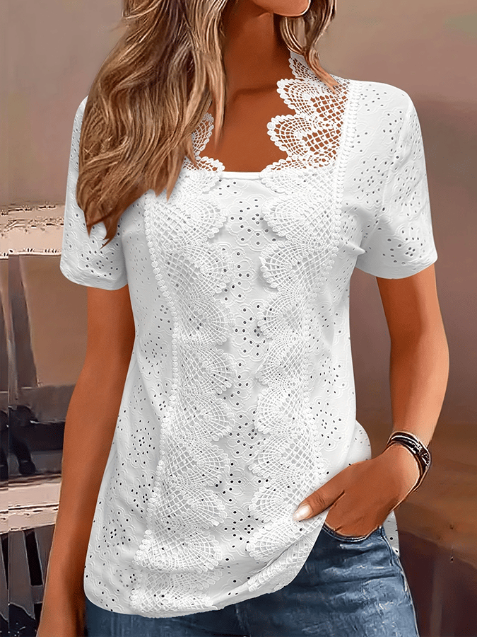 Women's Square Neck Lace Short Sleeve Top 