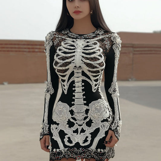 Women's Vintage Halloween Skull Pattern Cozy Knit Mini Sweater Dress artswardrobe