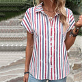 Comstylish Women's Vintage Blue And Red Striped Independence Day Cotton And Linen Shirt