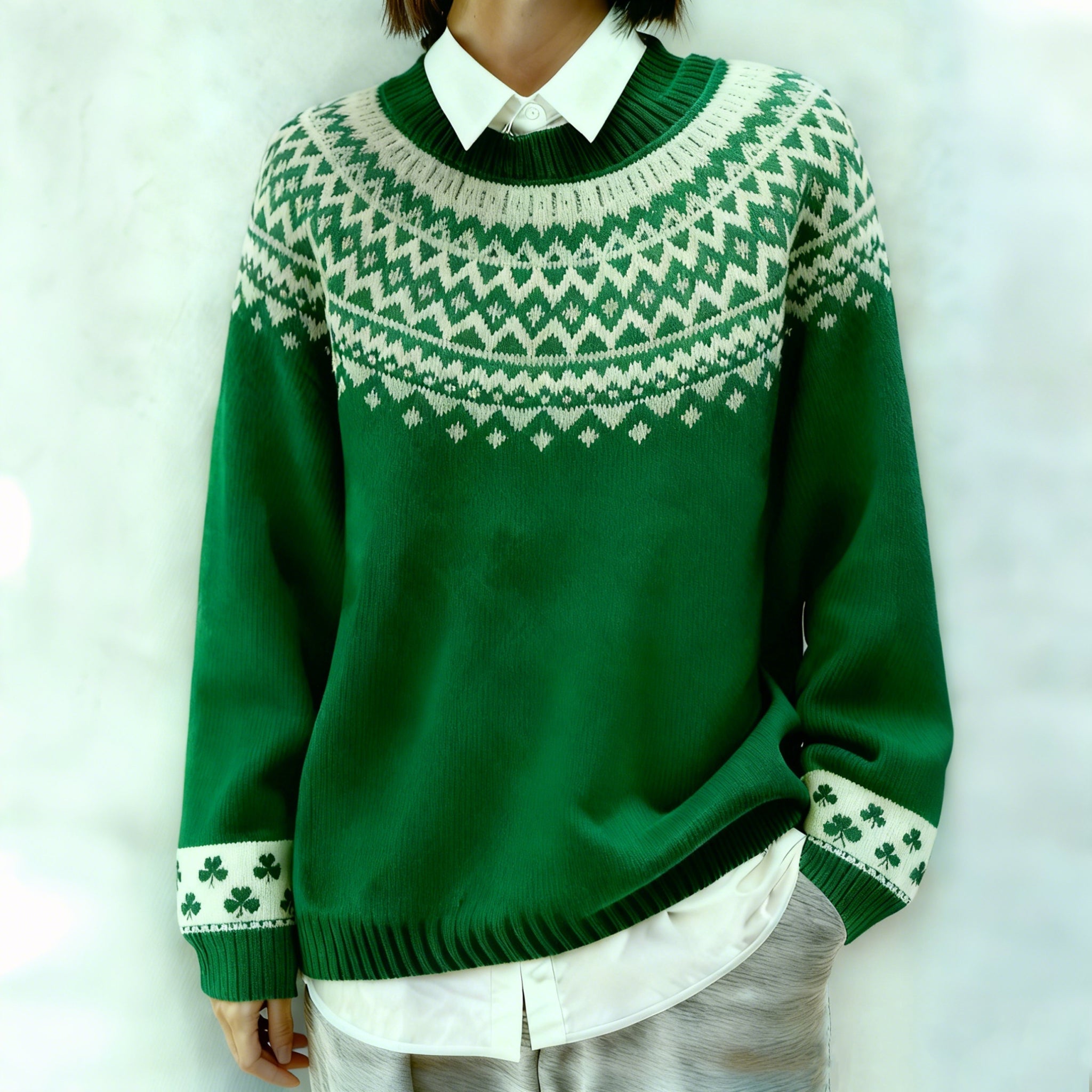 Comstylish Women's St. Patrick's Day Shamrock Pattern Comfortable And Warm Print Sweater