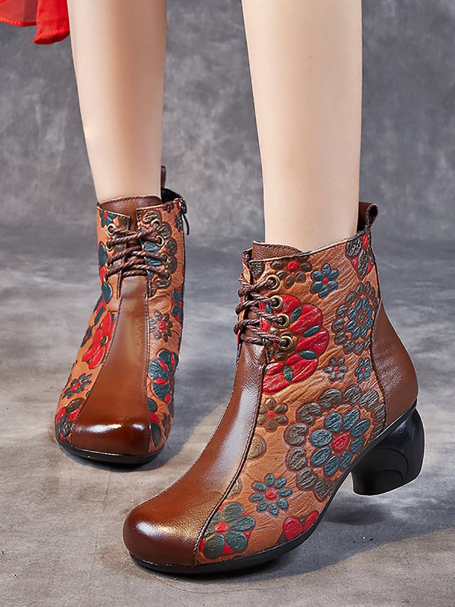 Retro Leather Flower Print Chunky Heel Boots