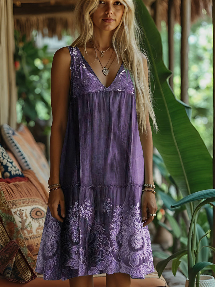 Lace Floral Patchwork Art Women's Linen Vest Dress elevenforest