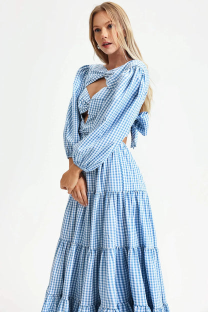 Puff Sleeve Cut-out Tiered Ruffle Hem Backless Maxi Dress