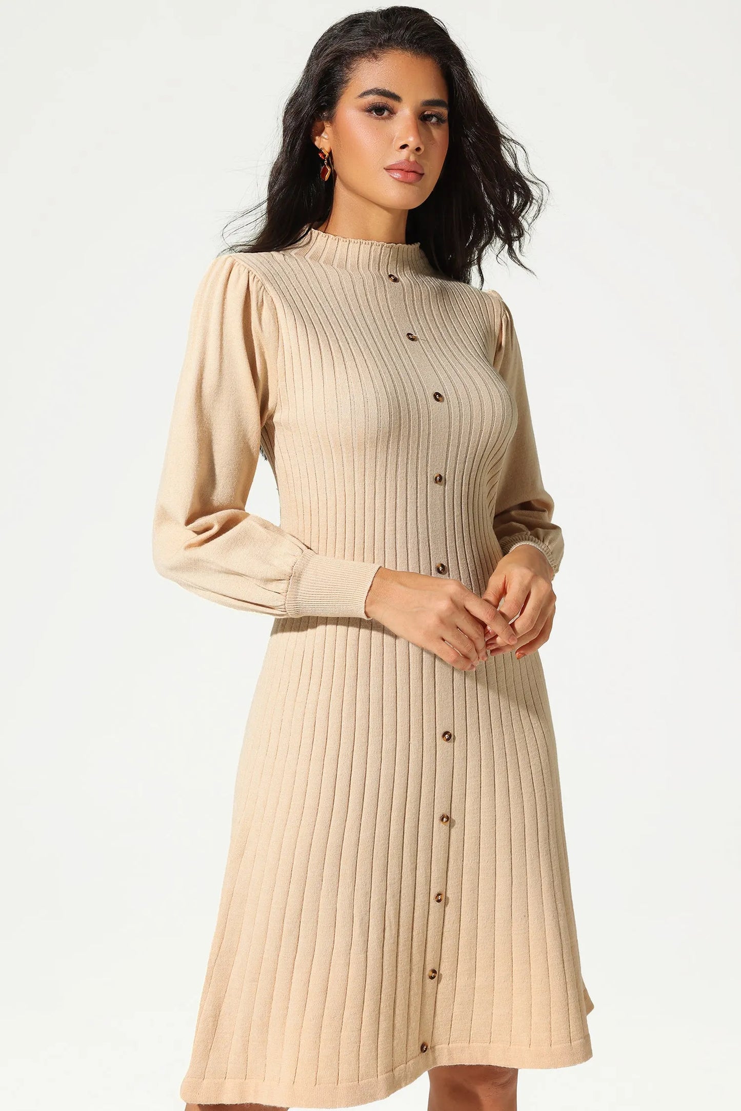 Knit Long Sleeve Pleated Buckle Slim Midi Dress