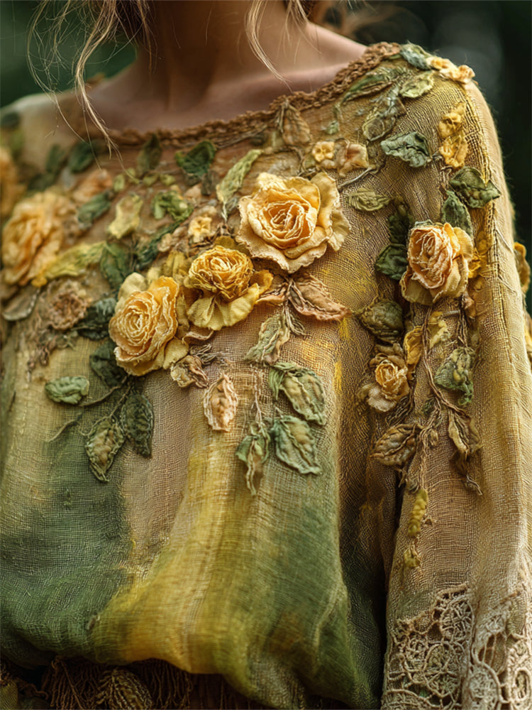 Vintage Yellow Roses Lace Hem Dyed Linen Tunic elevenforest