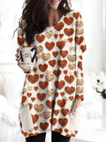 Vintage Hearts Knit Art Print Casual Cozy Long T-Shirt elevenforest