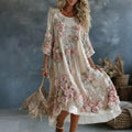 Women's Floral Art Flowy Linen Blend Casual Long Sleeve Maxi Dress elevenforest