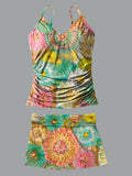 Retro Flower V-Neck Vintage Flowers Print Suspender Skirt Tankini Pantskirt Set Swimsuit