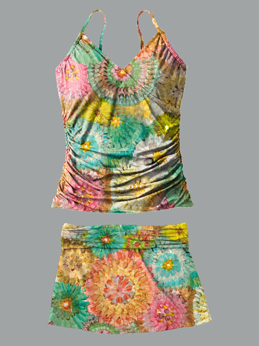 Retro Flower V-Neck Vintage Flowers Print Suspender Skirt Tankini Pantskirt Set Swimsuit