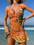 V-Neck Geometric Flowers Art Print Suspender Skirt Tankini Pantskirt Set Swimsuit