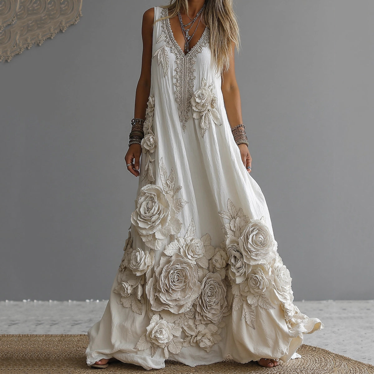 Women's Vintage White Rose Embroidered V-neck Sleeveless Maxi Dress elevenforest
