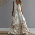 Women's Vintage White Rose Embroidered V-neck Sleeveless Maxi Dress elevenforest