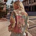 Women's Boho Rose Embroidery Lapel Long-sleeved Denim Jacket elevenforest