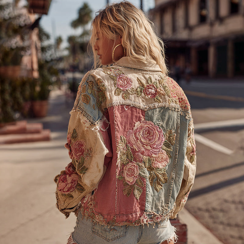Women's Boho Rose Embroidery Lapel Long-sleeved Denim Jacket elevenforest