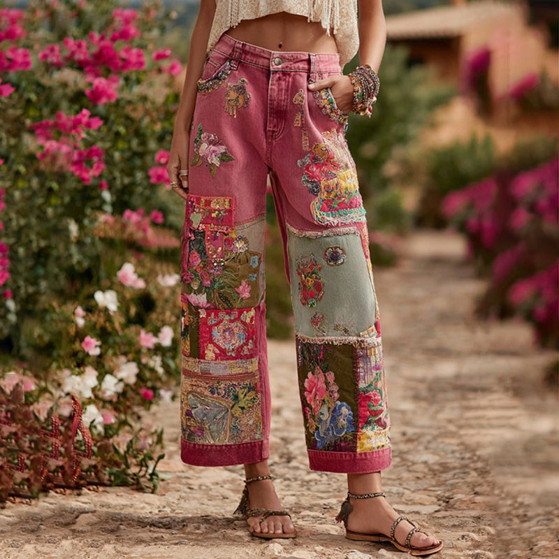 Women's Bohemian Floral Embroidery Art Patchwork Casual Jeans elevenforest