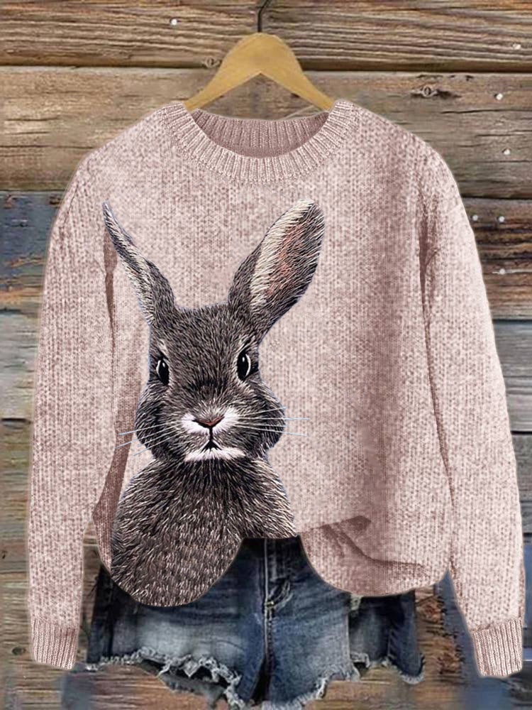 Cute Bunny Embroidery Art Cozy Knit Sweater artswardrobe