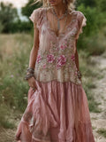 Vintage Pink Roses Glitter Embroidered Lace Linen Maxi Dress elevenforest