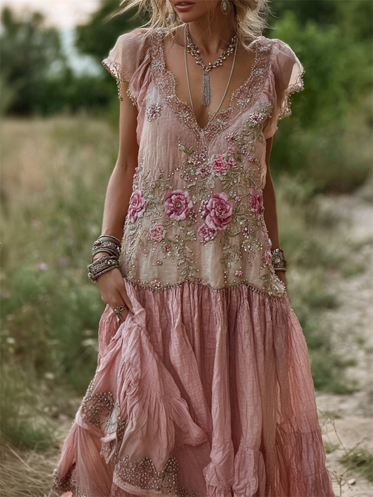 Vintage Pink Roses Glitter Embroidered Lace Linen Maxi Dress elevenforest