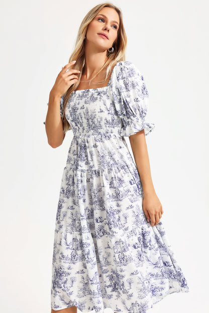 Printed Square Collar Bubble Sleeve Midi Dress