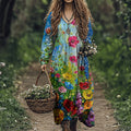 Women's Vintage Flowers Art Linen Blend Maxi Dress elevenforest