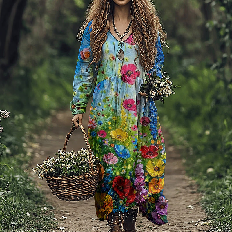 Women's Vintage Flowers Art Linen Blend Maxi Dress elevenforest