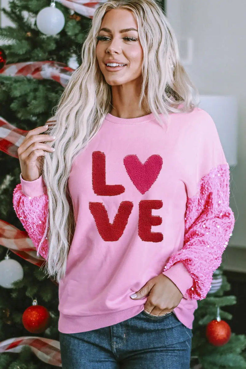 Chenille Love Sequin Sleeve Sweatshirt Pink