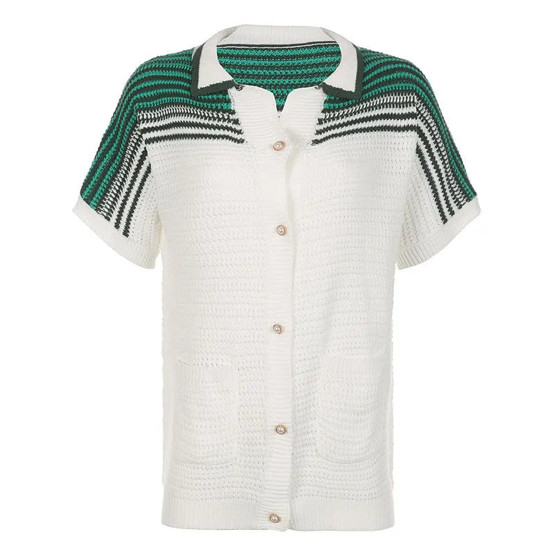 Clothing Knitted Collared Breasted Loose T Shirt Striped Woolen Contrast Color Short Sleeve Large Plate Top