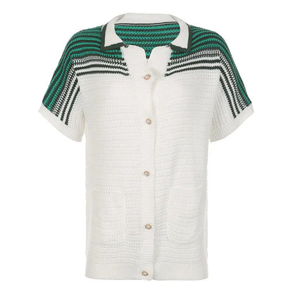 Clothing Knitted Collared Breasted Loose T Shirt Striped Woolen Contrast Color Short Sleeve Large Plate Top