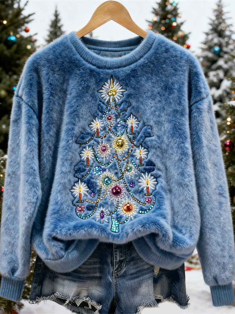 Comstylish Winter Sequined Christmas Tree Women's Fleece Sweater