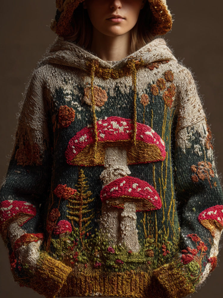 Comstylish Women's Retro Mushroom Print Hoodie Sweater