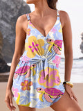 Sea Turtles Floral Art Print V-Neck Bra Pantskirt Bikini Set