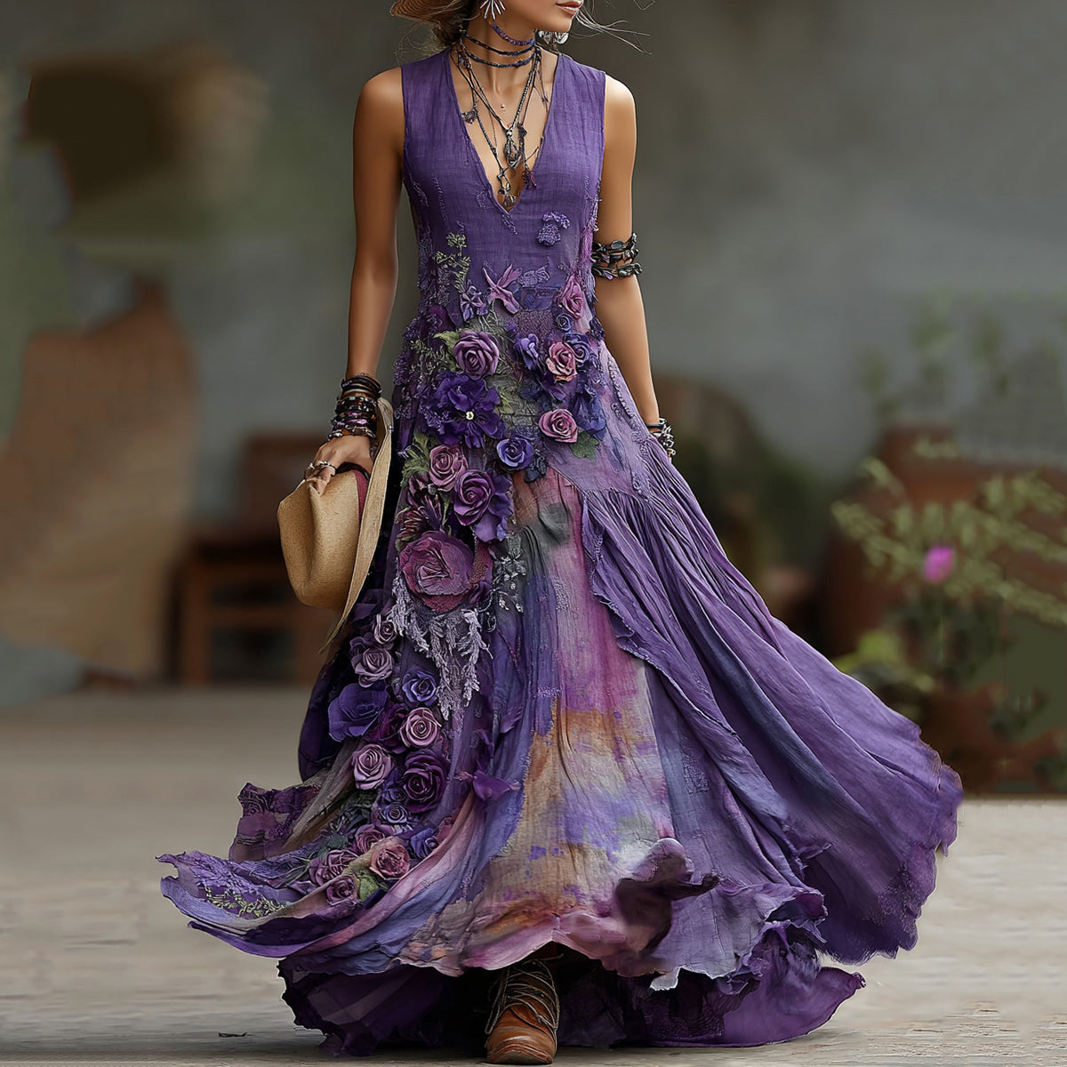 Vintage Embroidered Floral Color-changing Patchwork Maxi Dress elevenforest